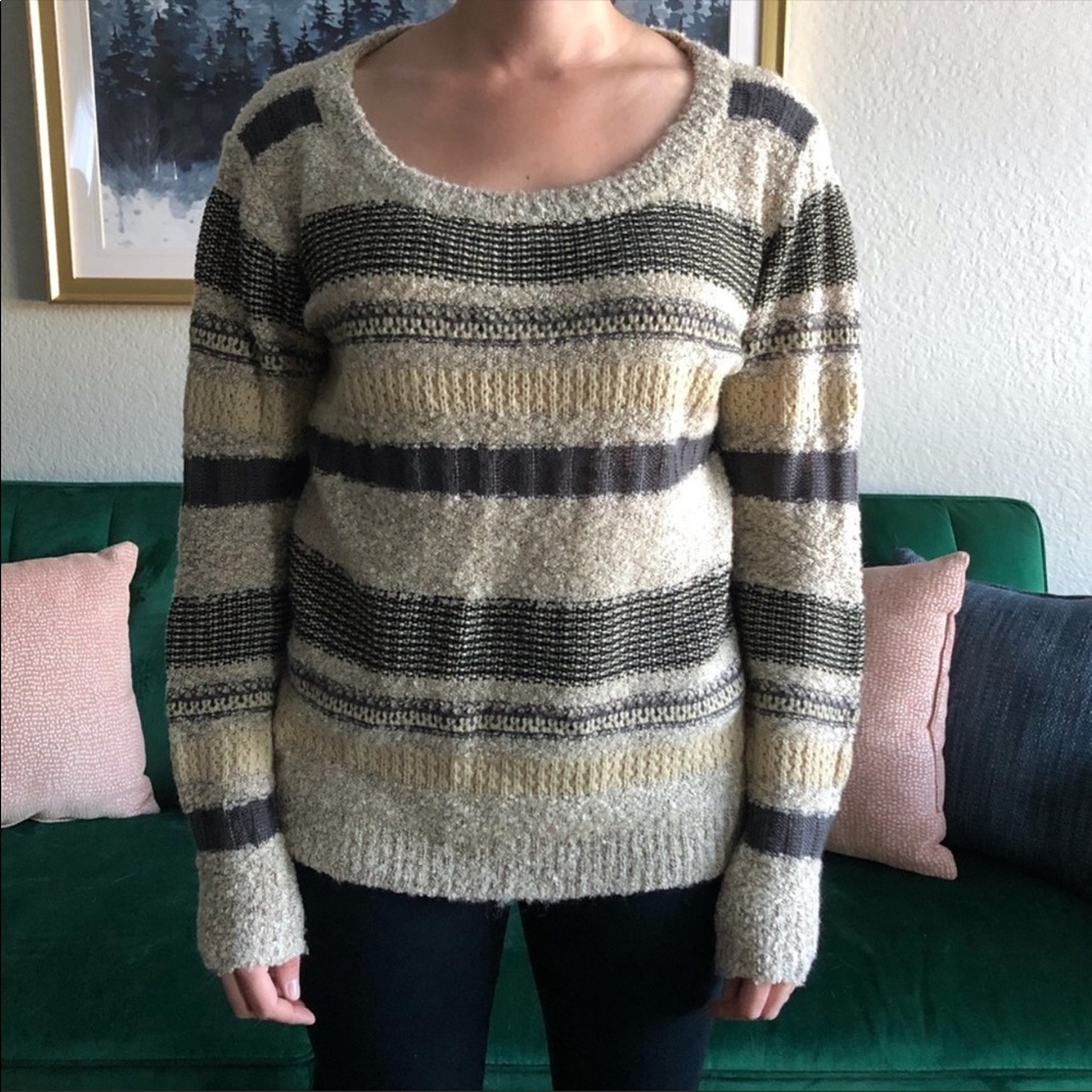 Miracle City Neutral Striped Cozy Round Neck Pullover Sweater
